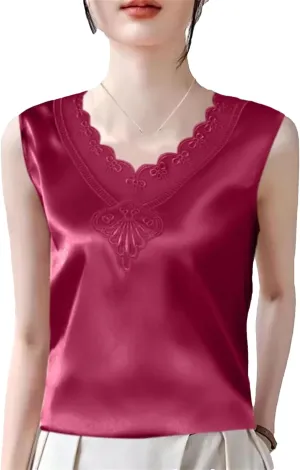 Women's Ruffled Lace Trim Satin Tank Top & Camisole Summer Breathable Sleeveless Vest V-Neck Loose Fit Casual Lounge Wear