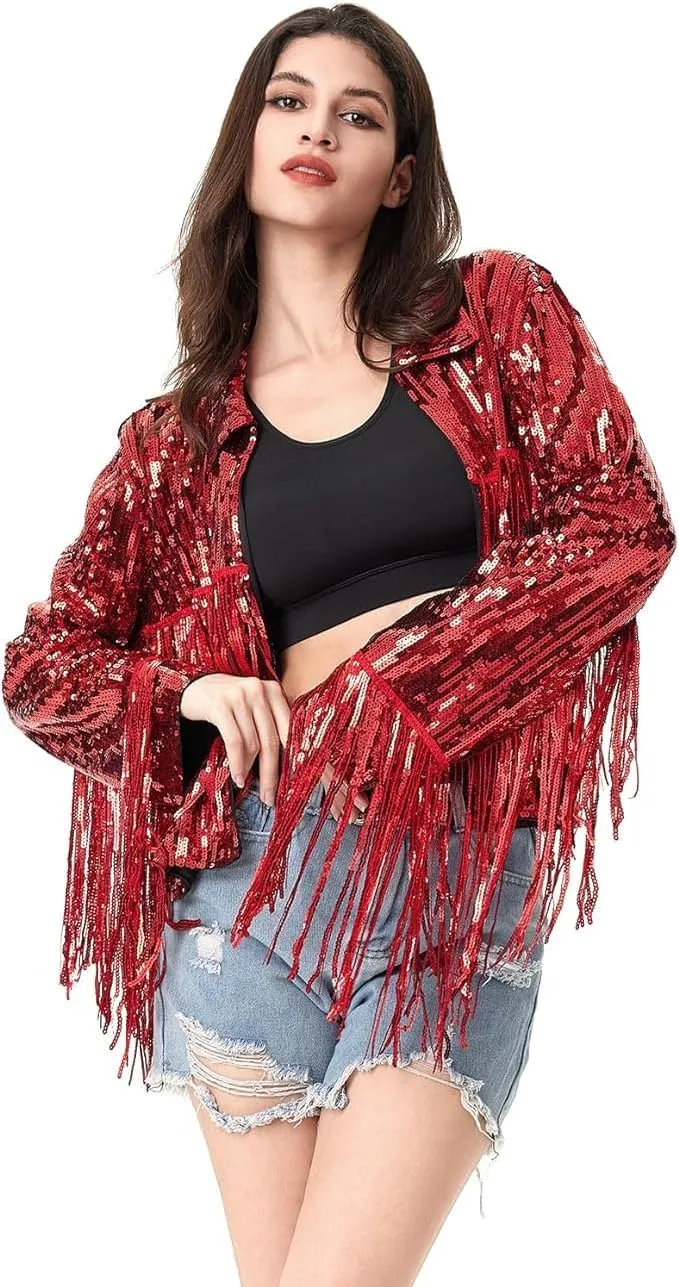 Women's Sequin Jacket Long Sleeve OpenZipper Fahion Shiny Glitter Sparkly Bomber Jackets