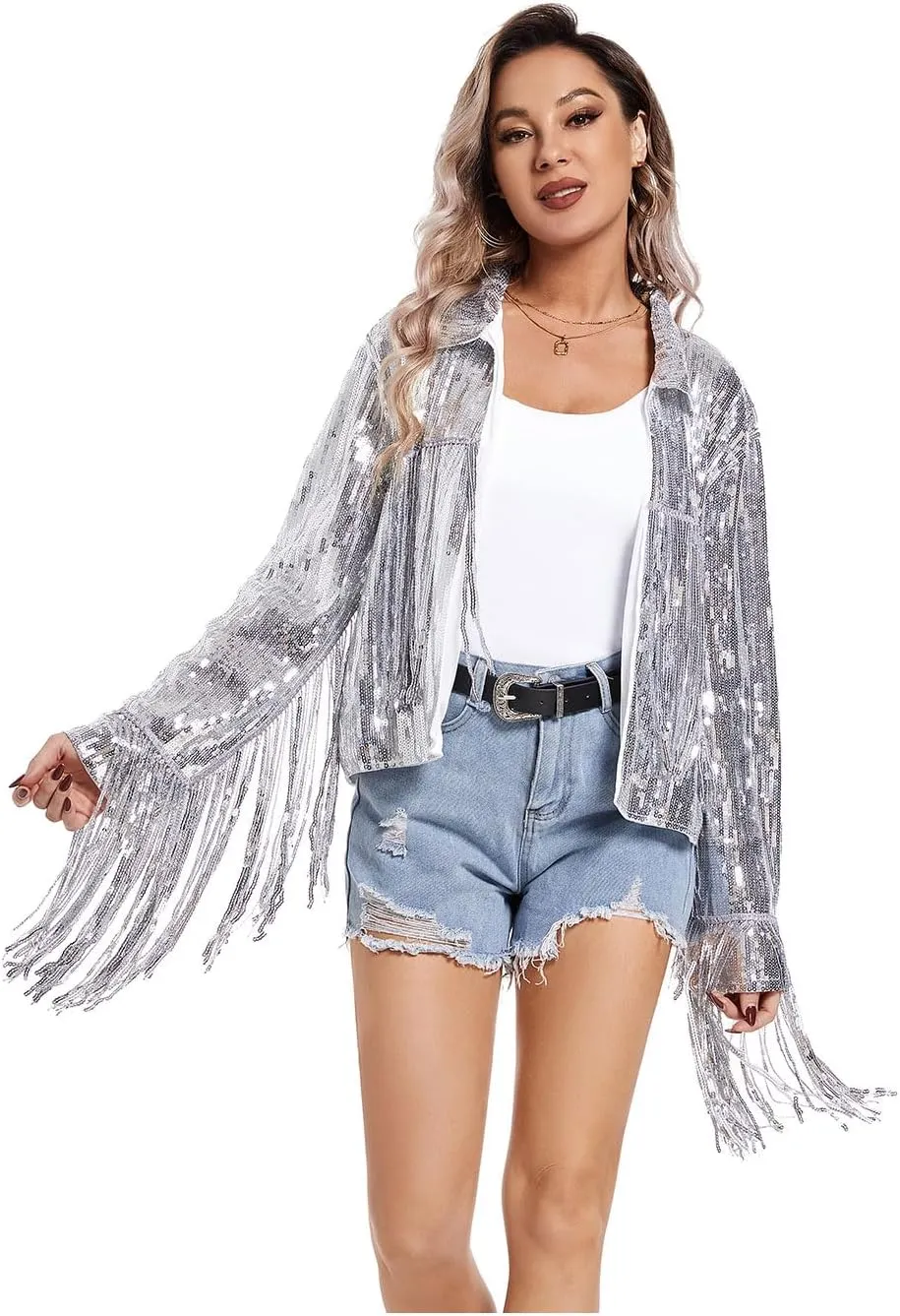 Women's Sequin Jacket Long Sleeve OpenZipper Fahion Shiny Glitter Sparkly Bomber Jackets