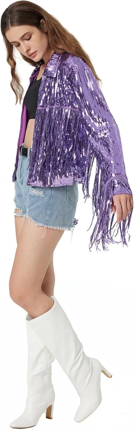 Women's Sequin Jacket Long Sleeve OpenZipper Fahion Shiny Glitter Sparkly Bomber Jackets