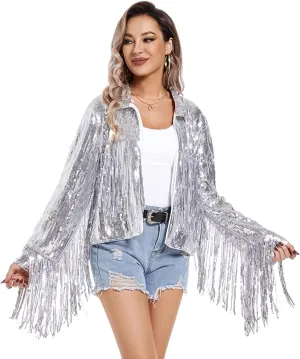 Women's Sequin Jacket Long Sleeve OpenZipper Fahion Shiny Glitter Sparkly Bomber Jackets