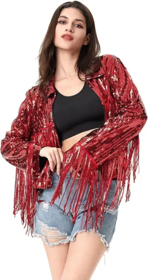 Women's Sequin Jacket Long Sleeve OpenZipper Fahion Shiny Glitter Sparkly Bomber Jackets