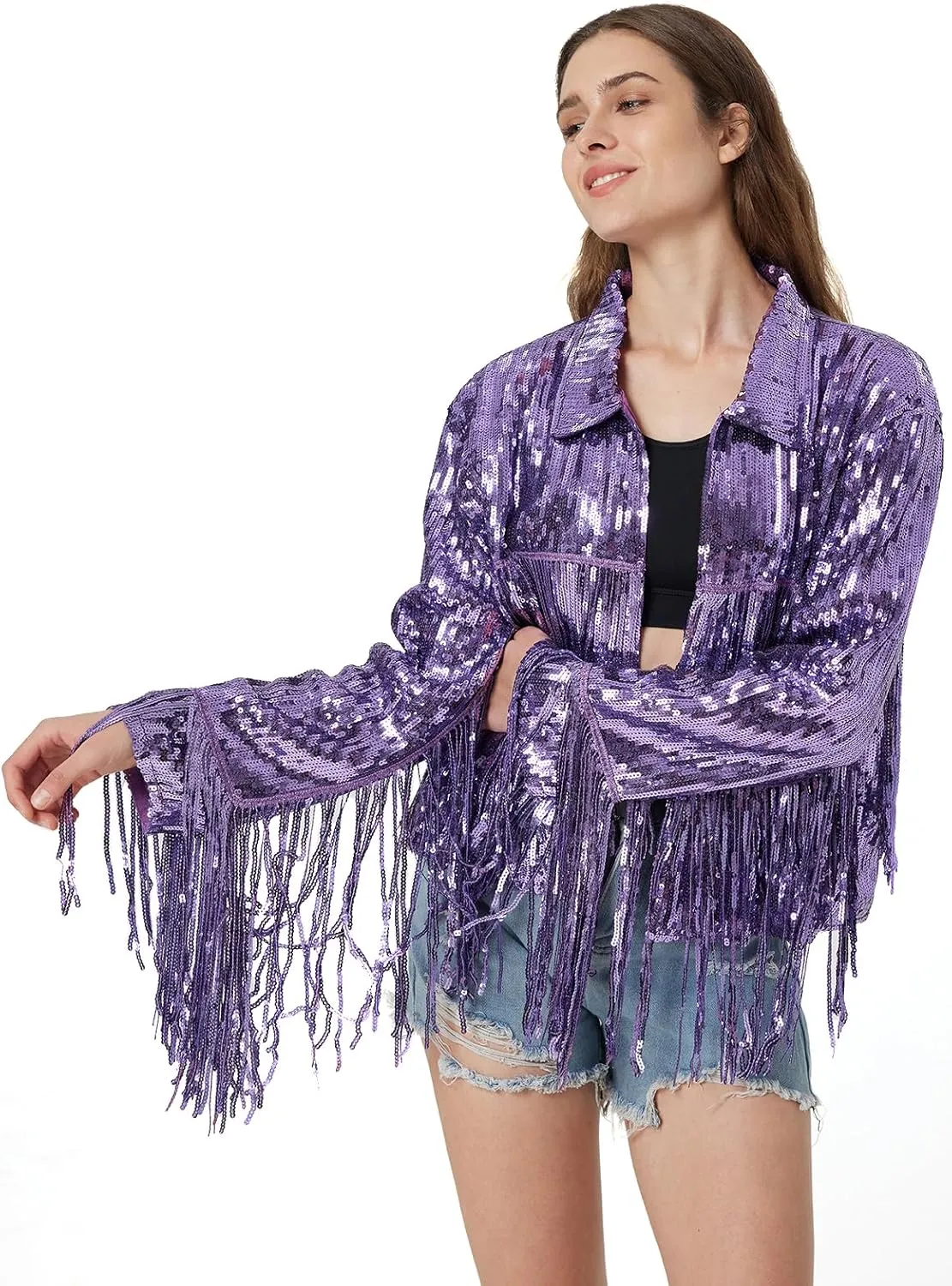 Women's Sequin Jacket Long Sleeve OpenZipper Fahion Shiny Glitter Sparkly Bomber Jackets