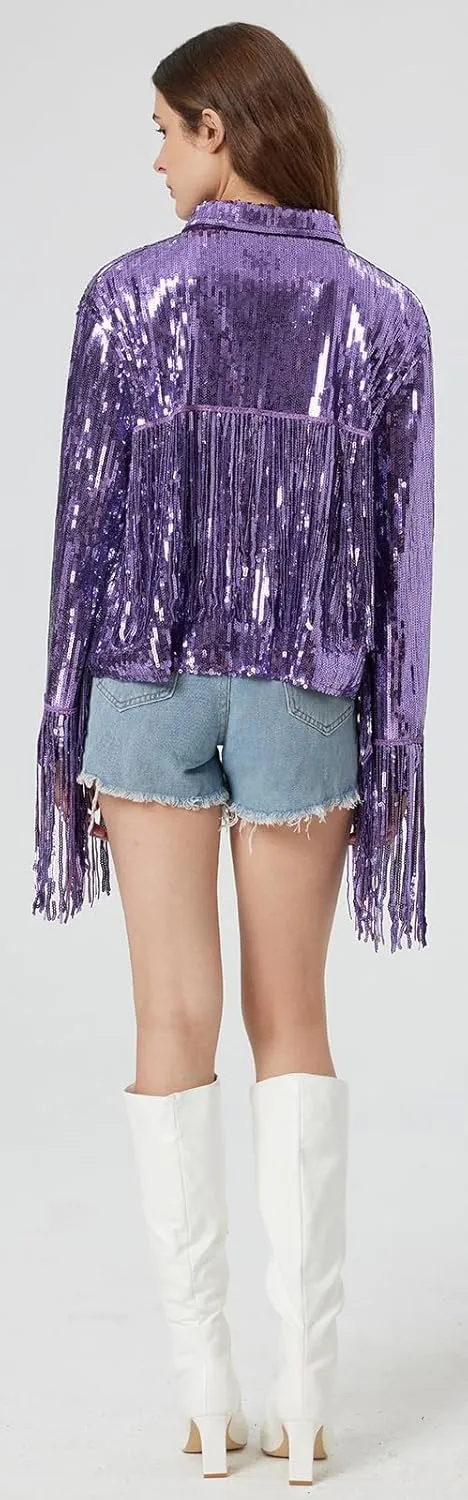 Women's Sequin Jacket Long Sleeve OpenZipper Fahion Shiny Glitter Sparkly Bomber Jackets