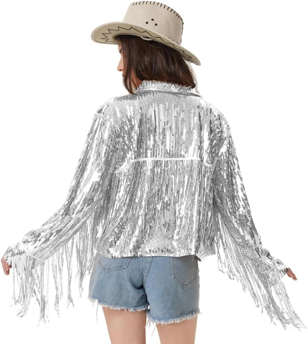 Women's Sequin Jacket Long Sleeve OpenZipper Fahion Shiny Glitter Sparkly Bomber Jackets