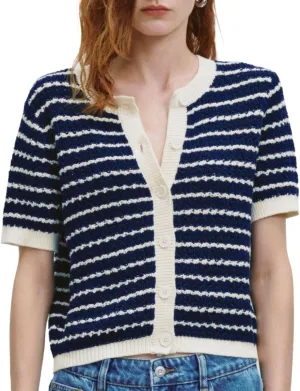 Womens Short Sleeve Summer Cardigan Button Down Sweater Casual Crew Neck Striped Top Trendy