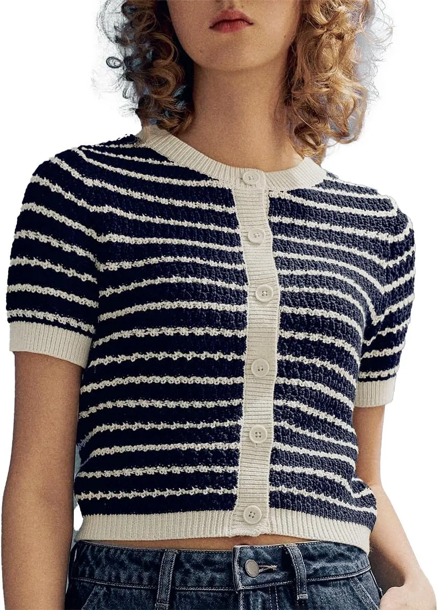 Womens Short Sleeve Summer Cardigan Button Down Sweater Casual Crew Neck Striped Top Trendy