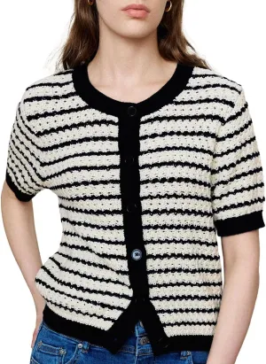 Womens Short Sleeve Summer Cardigan Button Down Sweater Casual Crew Neck Striped Top Trendy