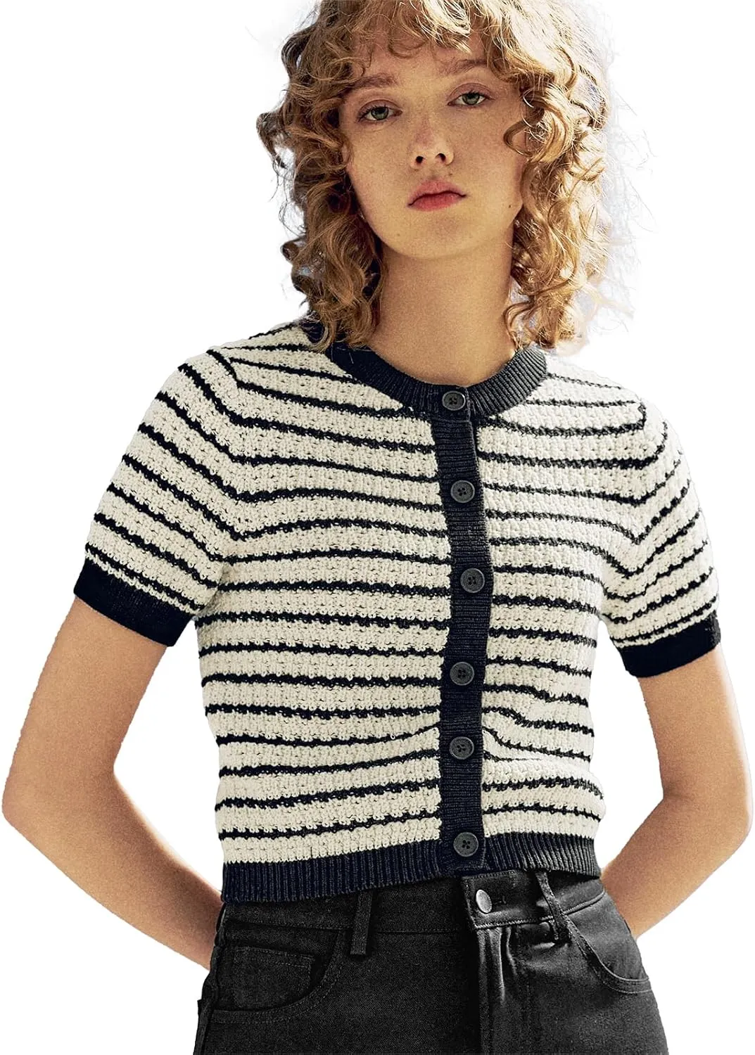Womens Short Sleeve Summer Cardigan Button Down Sweater Casual Crew Neck Striped Top Trendy
