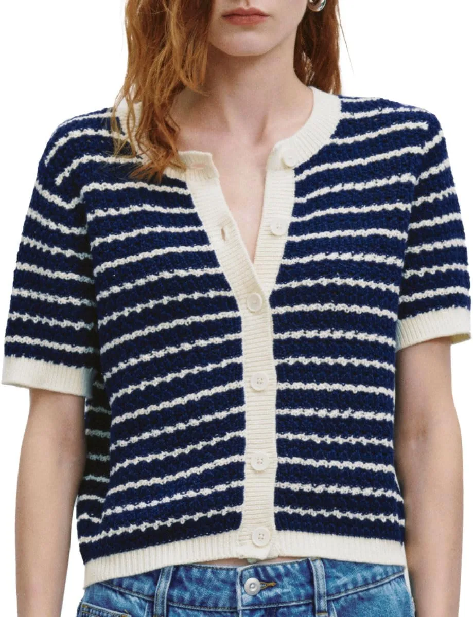 Womens Short Sleeve Summer Cardigan Button Down Sweater Casual Crew Neck Striped Top Trendy