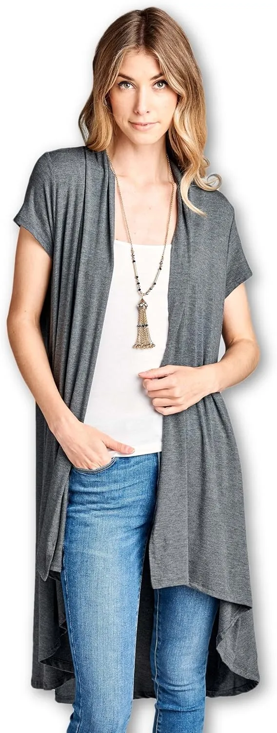 Women's Short Sleeve Ultra Soft Viscose Made from Bamboo Layering Long Duster Cardigan
