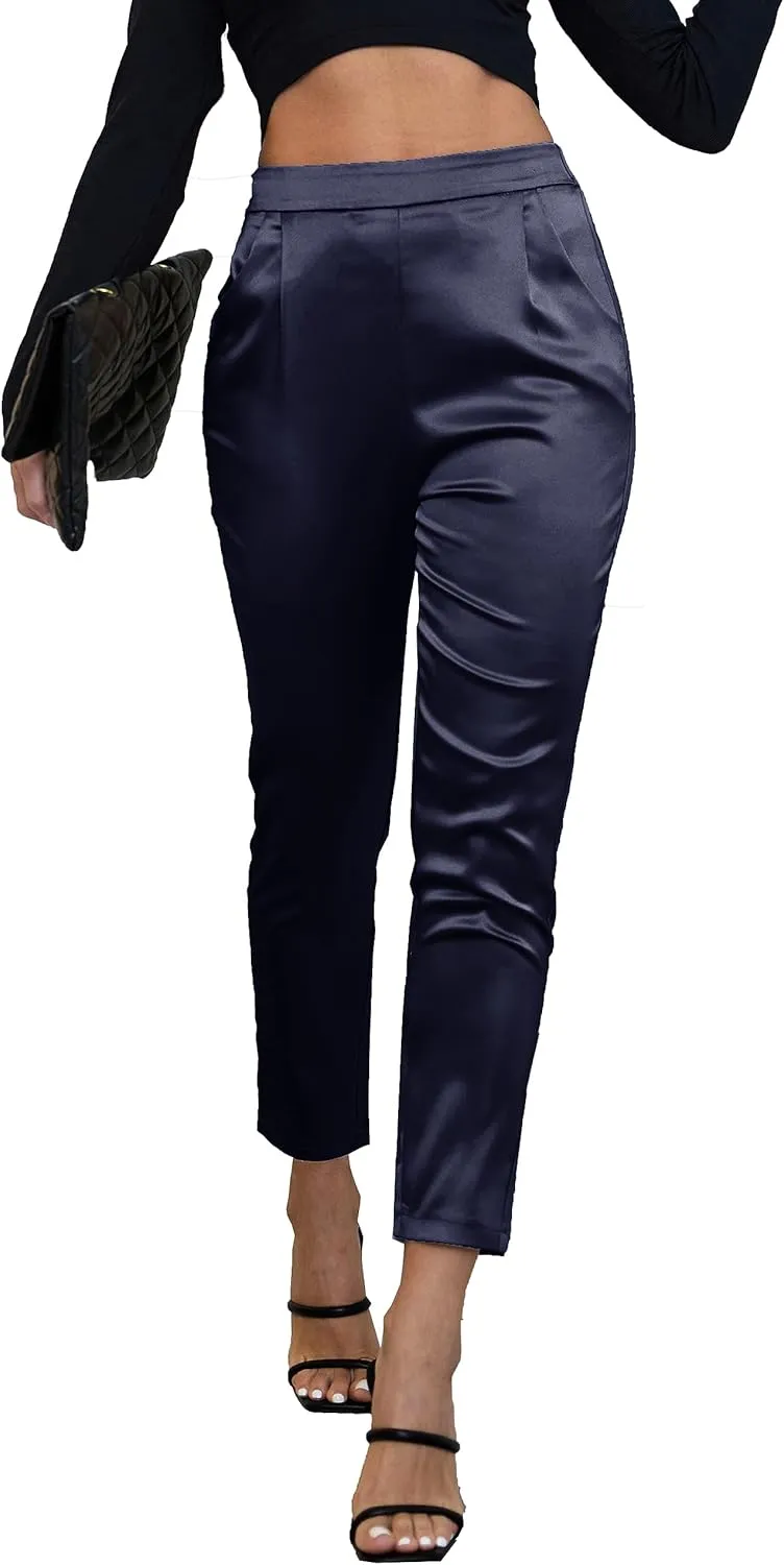 Women's Silky Satin Wedding Dressy Casual Elastic Waist Pants Party Club Wear Trousers