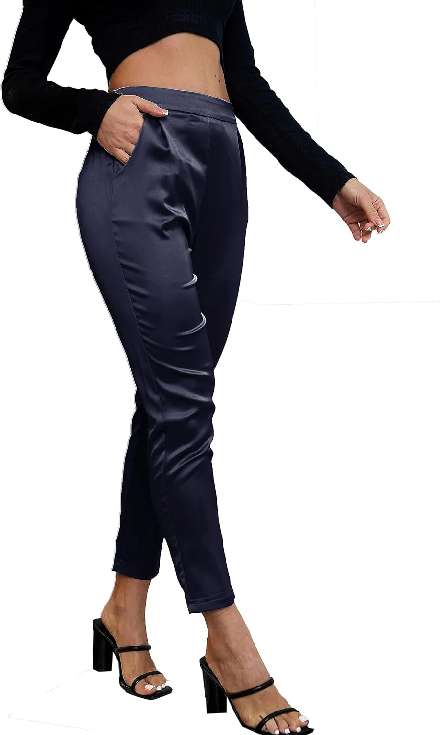 Women's Silky Satin Wedding Dressy Casual Elastic Waist Pants Party Club Wear Trousers