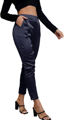 Women's Silky Satin Wedding Dressy Casual Elastic Waist Pants Party Club Wear Trousers
