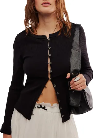 Women's Slim Fitted Cardigan Ribbed Knit Long Sleeve Button Down Shirt Crewneck Y2K Blouse Tops