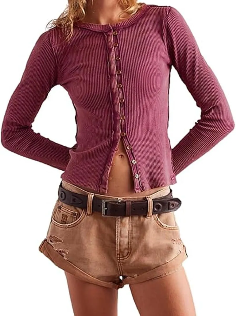 Women's Slim Fitted Cardigan Ribbed Knit Long Sleeve Button Down Shirt Crewneck Y2K Blouse Tops