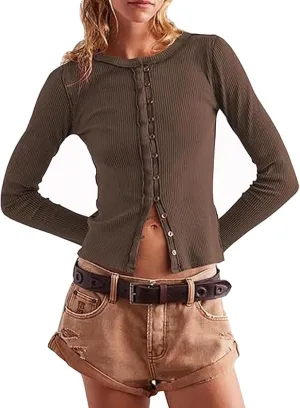Women's Slim Fitted Cardigan Ribbed Knit Long Sleeve Button Down Shirt Crewneck Y2K Blouse Tops