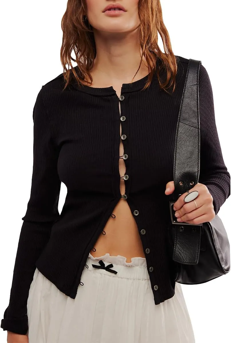 Women's Slim Fitted Cardigan Ribbed Knit Long Sleeve Button Down Shirt Crewneck Y2K Blouse Tops