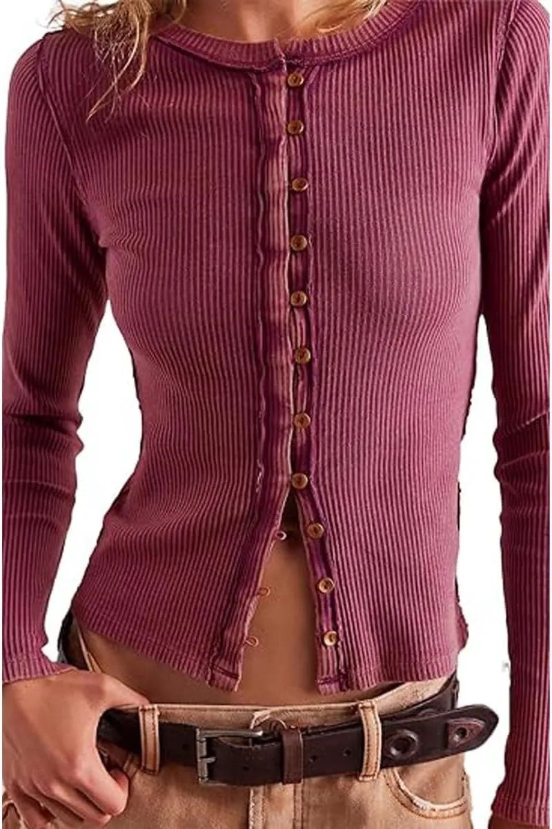 Women's Slim Fitted Cardigan Ribbed Knit Long Sleeve Button Down Shirt Crewneck Y2K Blouse Tops