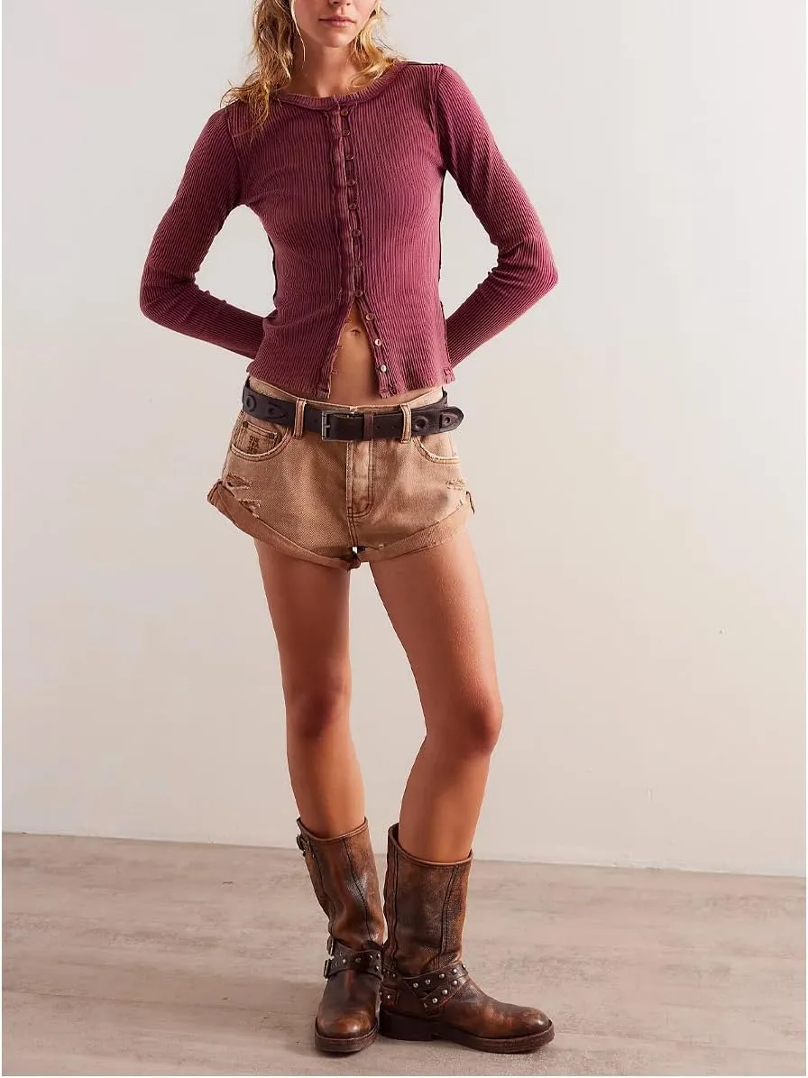 Women's Slim Fitted Cardigan Ribbed Knit Long Sleeve Button Down Shirt Crewneck Y2K Blouse Tops