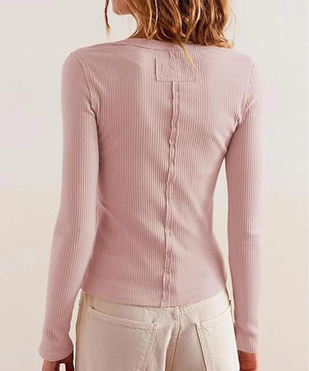 Women's Slim Fitted Cardigan Ribbed Knit Long Sleeve Button Down Shirt Crewneck Y2K Blouse Tops