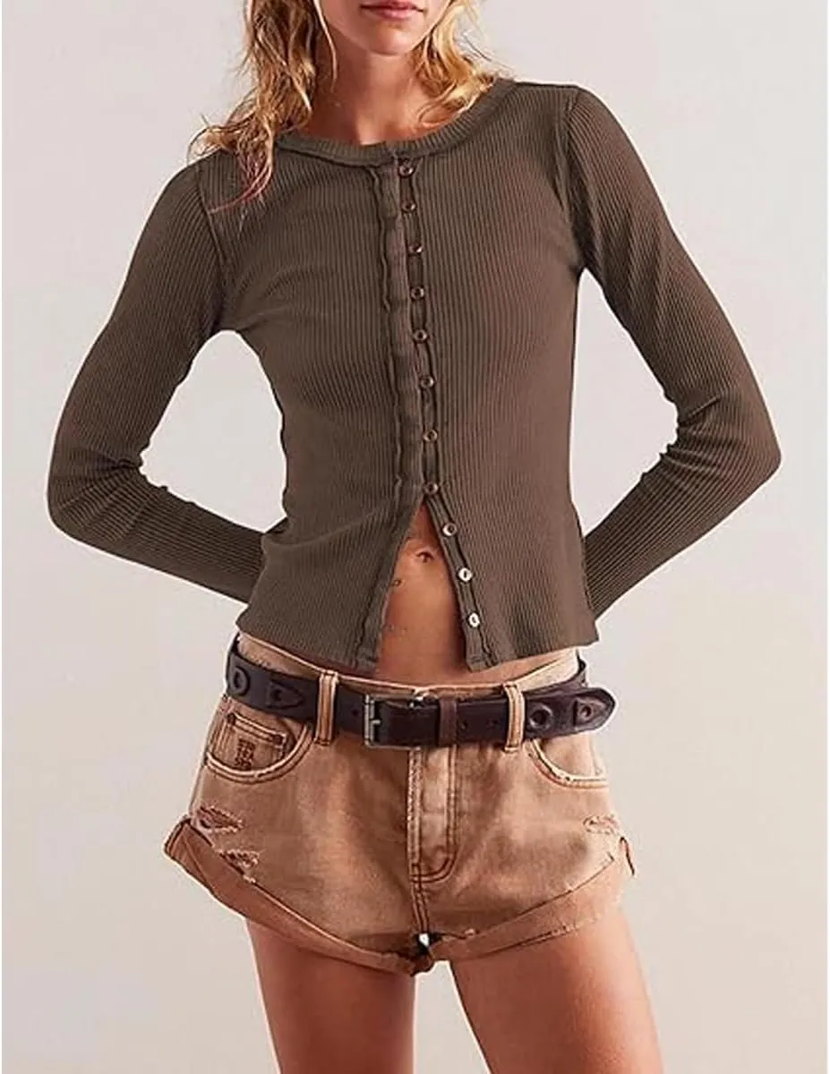 Women's Slim Fitted Cardigan Ribbed Knit Long Sleeve Button Down Shirt Crewneck Y2K Blouse Tops