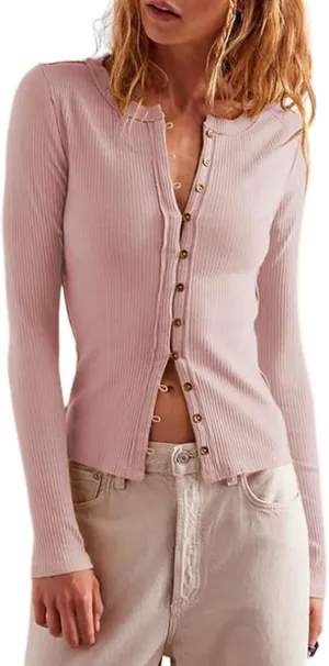 Women's Slim Fitted Cardigan Ribbed Knit Long Sleeve Button Down Shirt Crewneck Y2K Blouse Tops