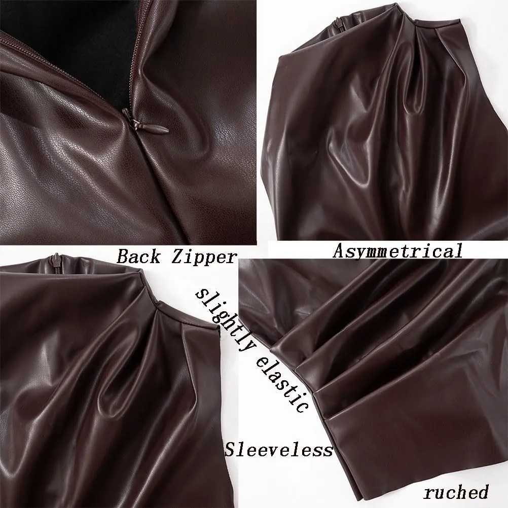 Women's Soft Leather Tank Crop Top Vest Sleeveless Asymmetrical Ruched Sexy Mock Neck Pleated T-Shirt