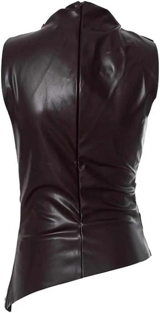 Women's Soft Leather Tank Crop Top Vest Sleeveless Asymmetrical Ruched Sexy Mock Neck Pleated T-Shirt