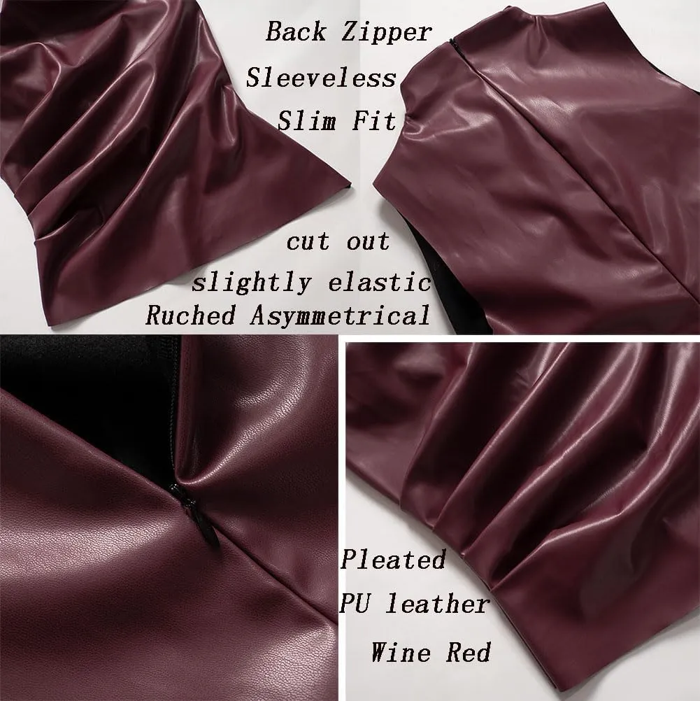 Women's Soft Leather Tank Crop Top Vest Sleeveless Asymmetrical Ruched Sexy Mock Neck Pleated T-Shirt