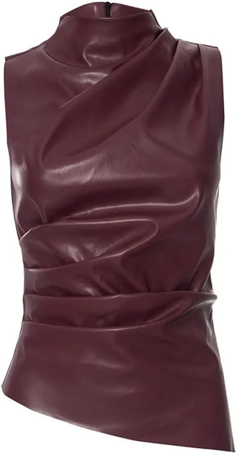 Women's Soft Leather Tank Crop Top Vest Sleeveless Asymmetrical Ruched Sexy Mock Neck Pleated T-Shirt