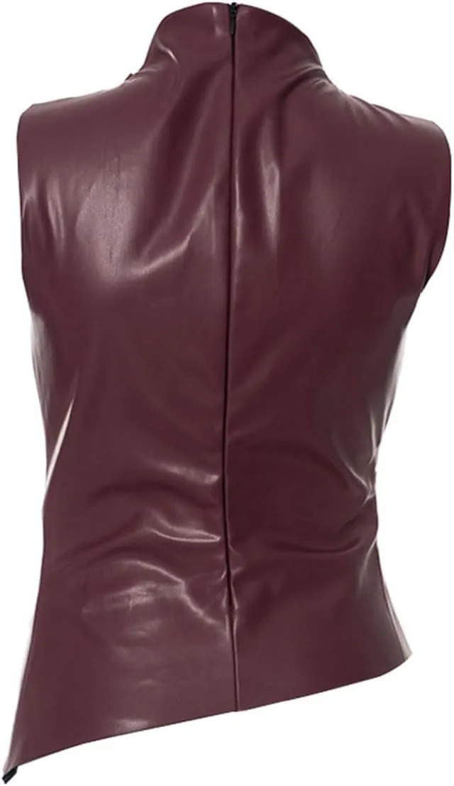 Women's Soft Leather Tank Crop Top Vest Sleeveless Asymmetrical Ruched Sexy Mock Neck Pleated T-Shirt