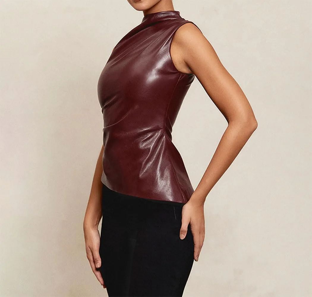 Women's Soft Leather Tank Crop Top Vest Sleeveless Asymmetrical Ruched Sexy Mock Neck Pleated T-Shirt