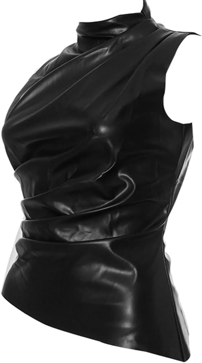 Women's Soft Leather Tank Crop Top Vest Sleeveless Asymmetrical Ruched Sexy Mock Neck Pleated T-Shirt