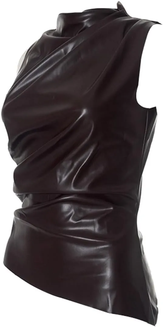 Women's Soft Leather Tank Crop Top Vest Sleeveless Asymmetrical Ruched Sexy Mock Neck Pleated T-Shirt