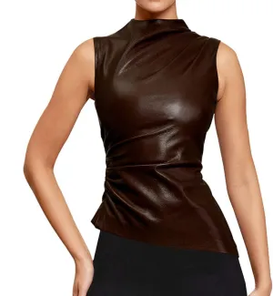 Women's Soft Leather Tank Crop Top Vest Sleeveless Asymmetrical Ruched Sexy Mock Neck Pleated T-Shirt