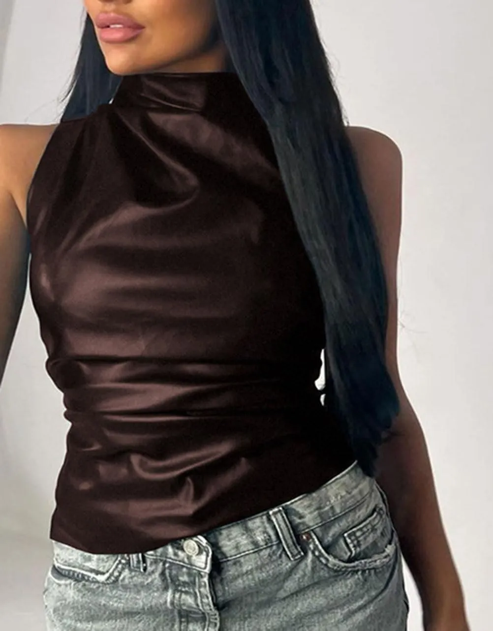 Women's Soft Leather Tank Crop Top Vest Sleeveless Asymmetrical Ruched Sexy Mock Neck Pleated T-Shirt