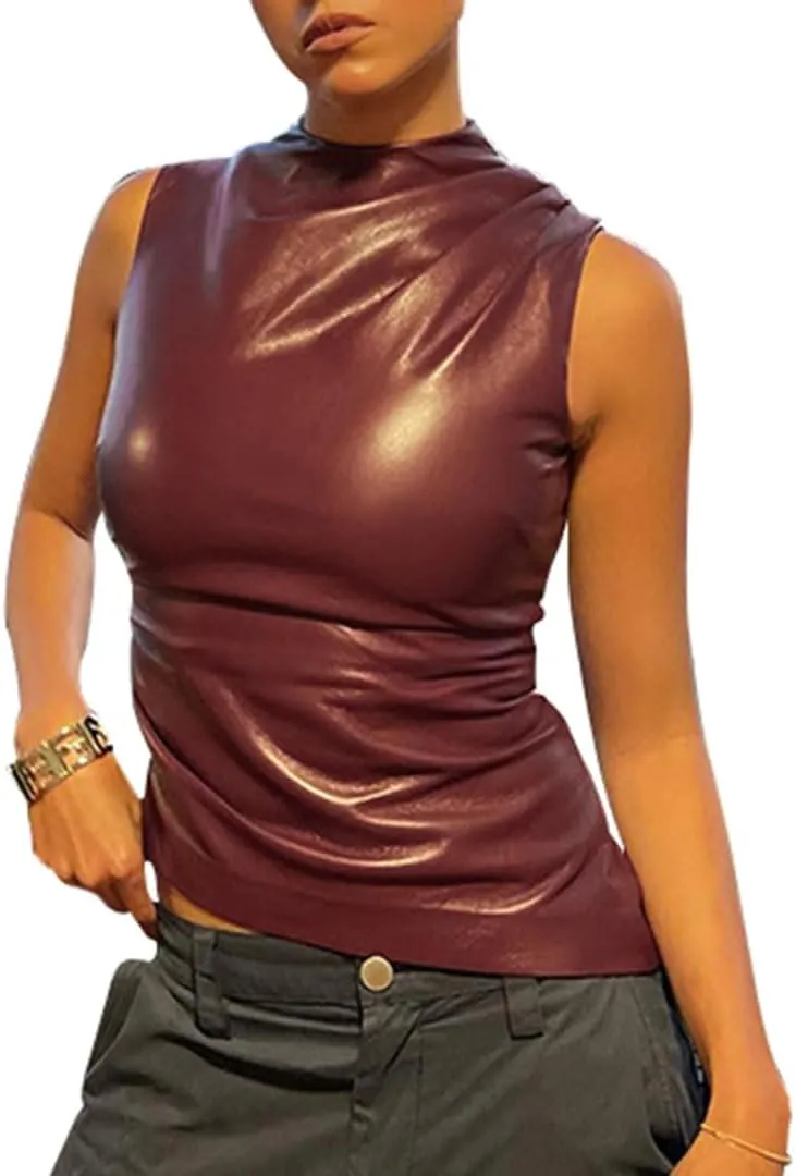 Women's Soft Leather Tank Crop Top Vest Sleeveless Asymmetrical Ruched Sexy Mock Neck Pleated T-Shirt