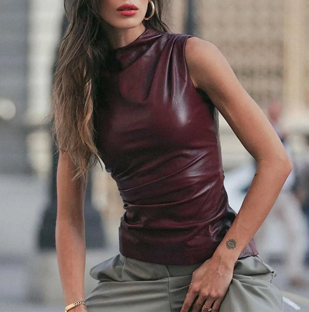 Women's Soft Leather Tank Crop Top Vest Sleeveless Asymmetrical Ruched Sexy Mock Neck Pleated T-Shirt
