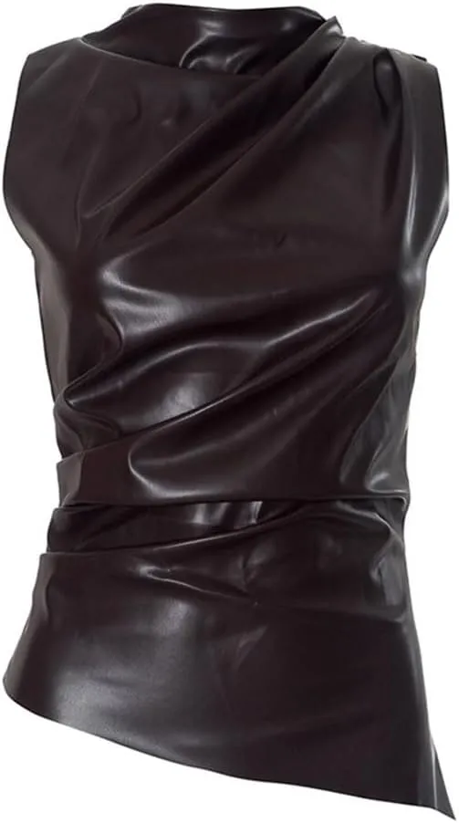 Women's Soft Leather Tank Crop Top Vest Sleeveless Asymmetrical Ruched Sexy Mock Neck Pleated T-Shirt