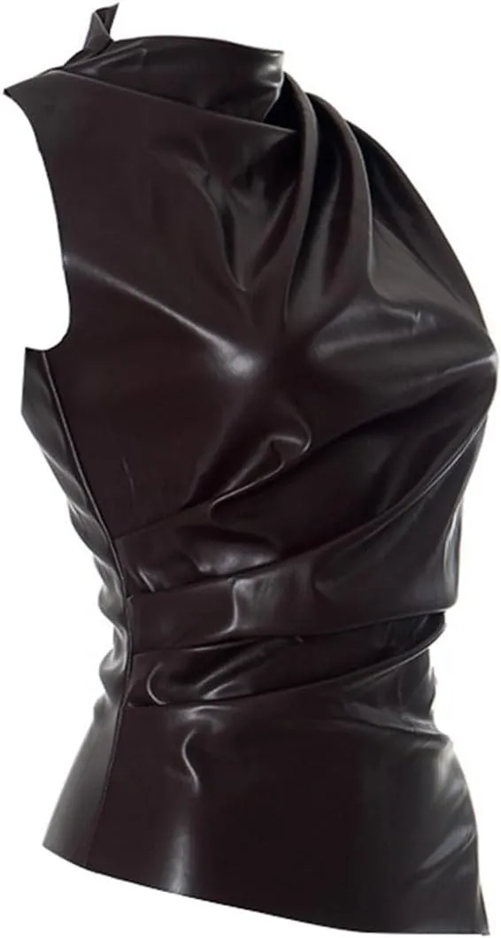 Women's Soft Leather Tank Crop Top Vest Sleeveless Asymmetrical Ruched Sexy Mock Neck Pleated T-Shirt