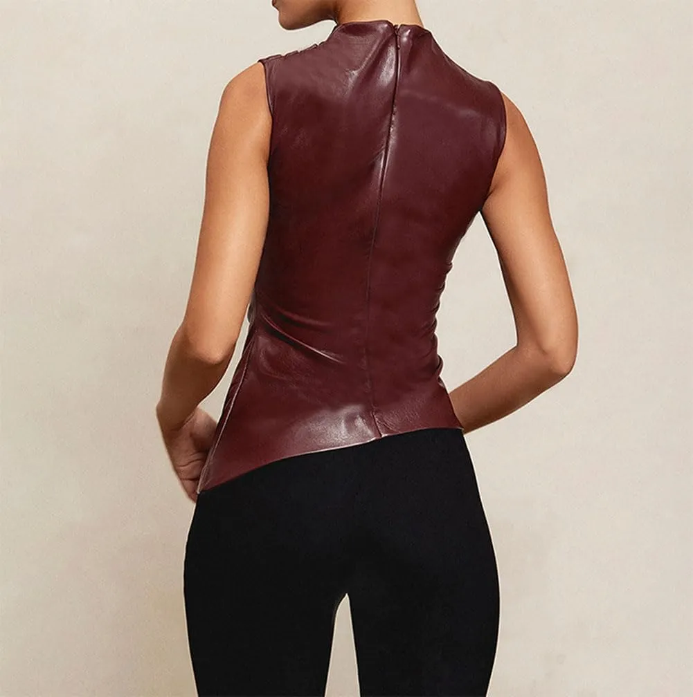 Women's Soft Leather Tank Crop Top Vest Sleeveless Asymmetrical Ruched Sexy Mock Neck Pleated T-Shirt