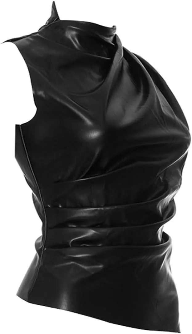 Women's Soft Leather Tank Crop Top Vest Sleeveless Asymmetrical Ruched Sexy Mock Neck Pleated T-Shirt