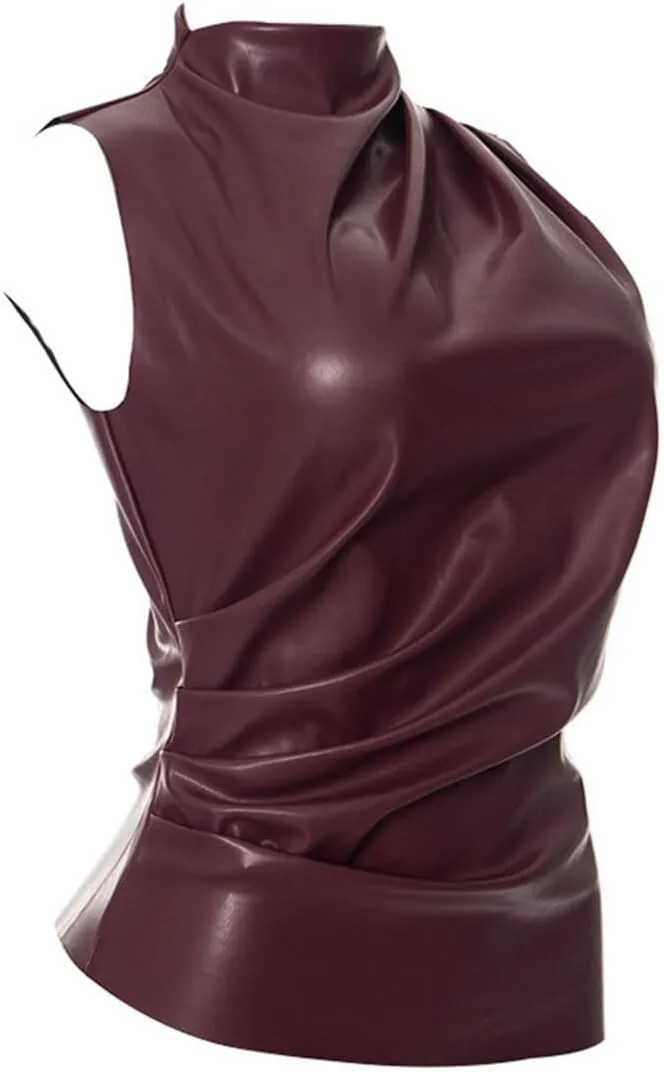 Women's Soft Leather Tank Crop Top Vest Sleeveless Asymmetrical Ruched Sexy Mock Neck Pleated T-Shirt