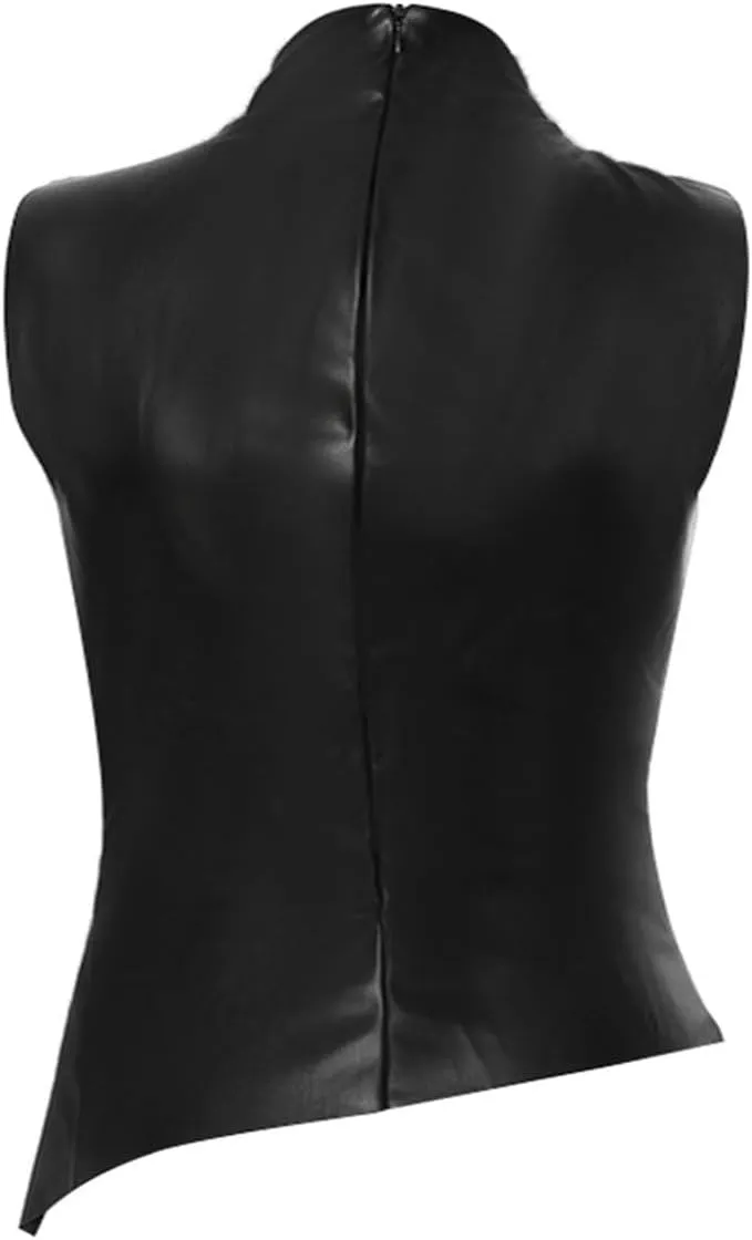 Women's Soft Leather Tank Crop Top Vest Sleeveless Asymmetrical Ruched Sexy Mock Neck Pleated T-Shirt