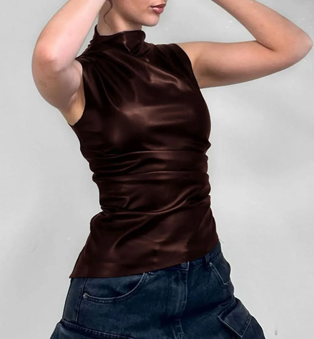 Women's Soft Leather Tank Crop Top Vest Sleeveless Asymmetrical Ruched Sexy Mock Neck Pleated T-Shirt