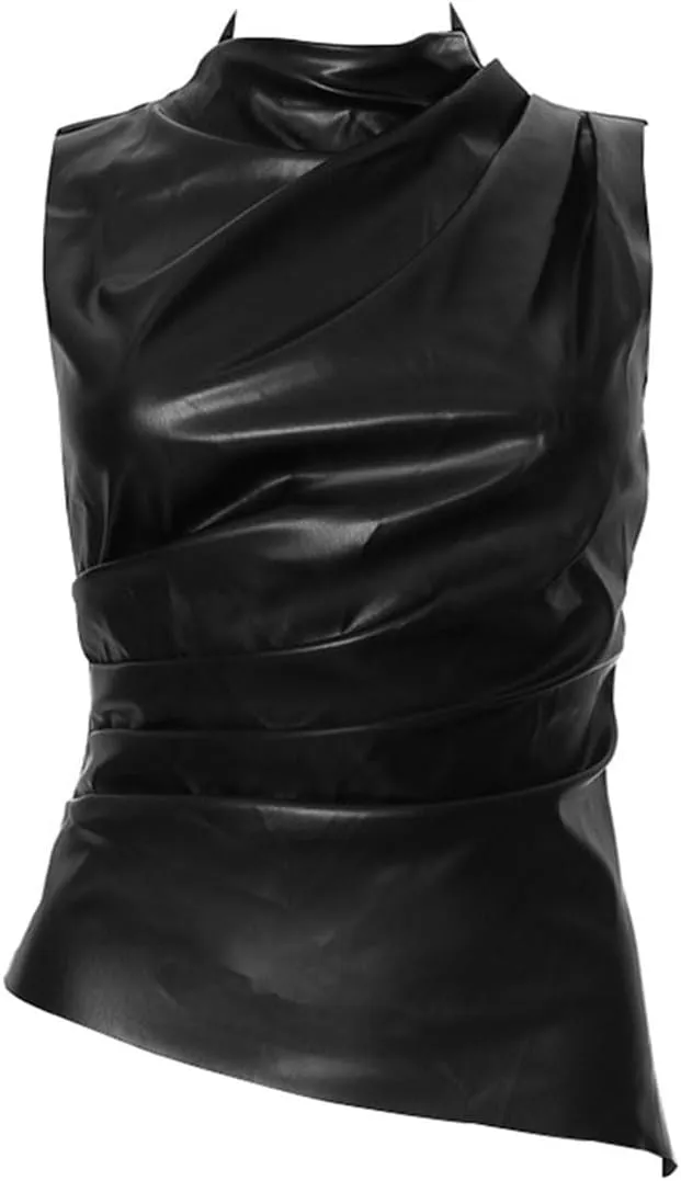 Women's Soft Leather Tank Crop Top Vest Sleeveless Asymmetrical Ruched Sexy Mock Neck Pleated T-Shirt