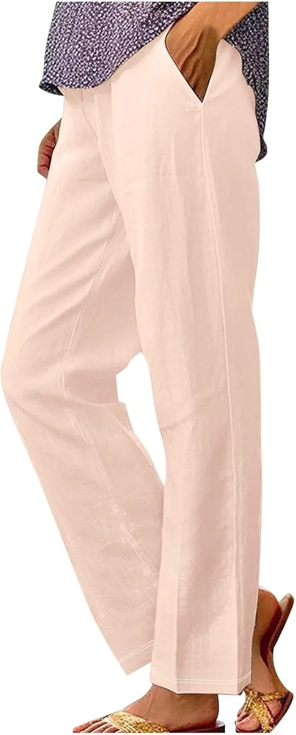 Women's Solid Cotton Linen Straight Pants Classic Loose Summer Pant Relax Fit High Elastic Waist Trousers with Pokets