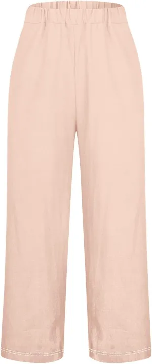 Women's Solid Cotton Linen Straight Pants Classic Loose Summer Pant Relax Fit High Elastic Waist Trousers with Pokets
