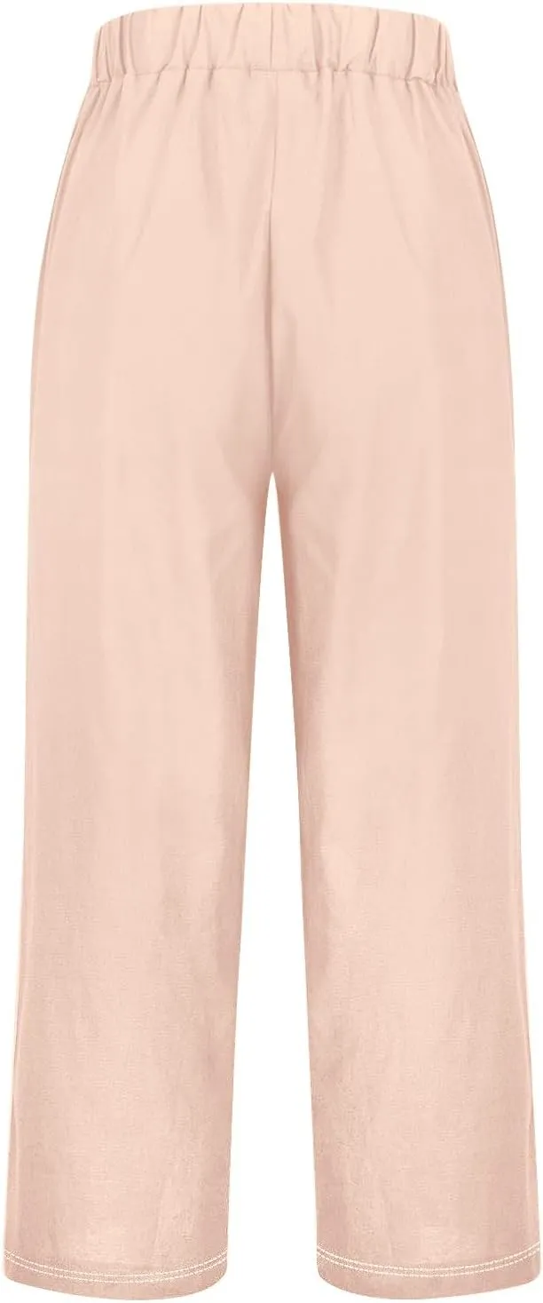 Women's Solid Cotton Linen Straight Pants Classic Loose Summer Pant Relax Fit High Elastic Waist Trousers with Pokets